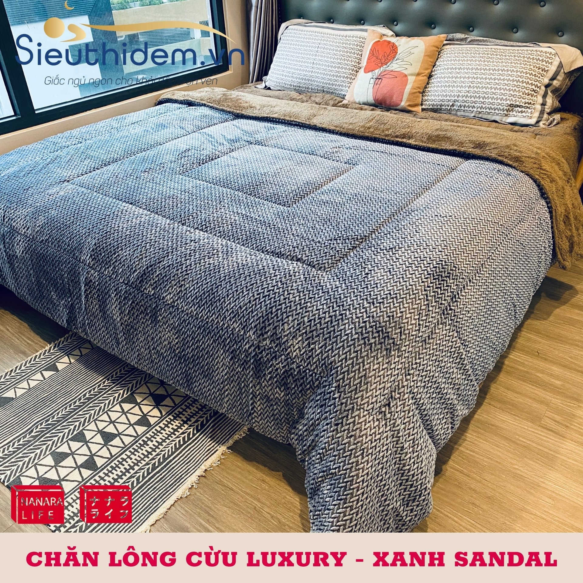 Chăn lông cừu Nanara Nhật Bản Luxury Xanh Sandal-2