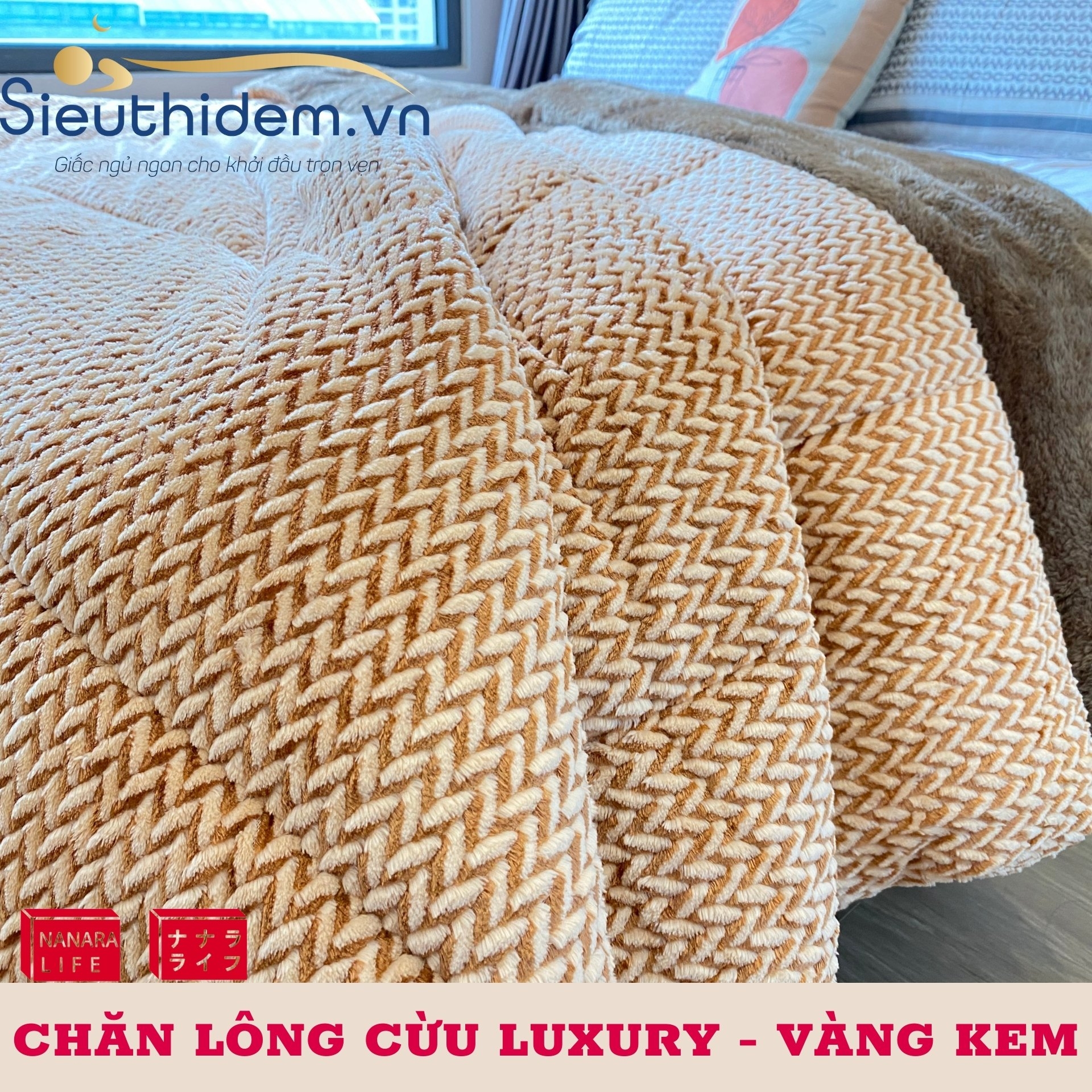 Chăn lông cừu Nanara Nhật Bản Luxury Vàng Kem-0