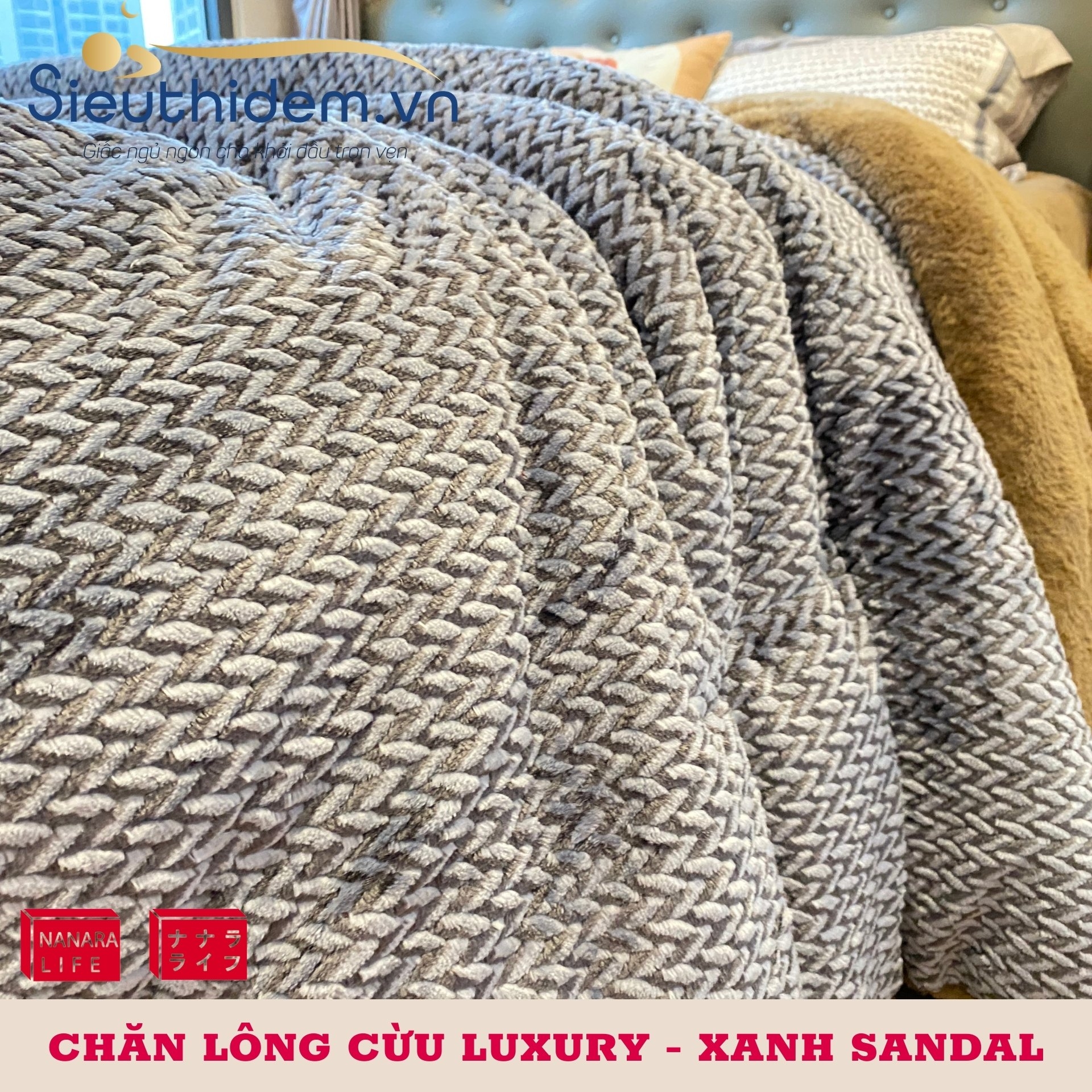 Chăn lông cừu Nanara Nhật Bản Luxury Xanh Sandal-1