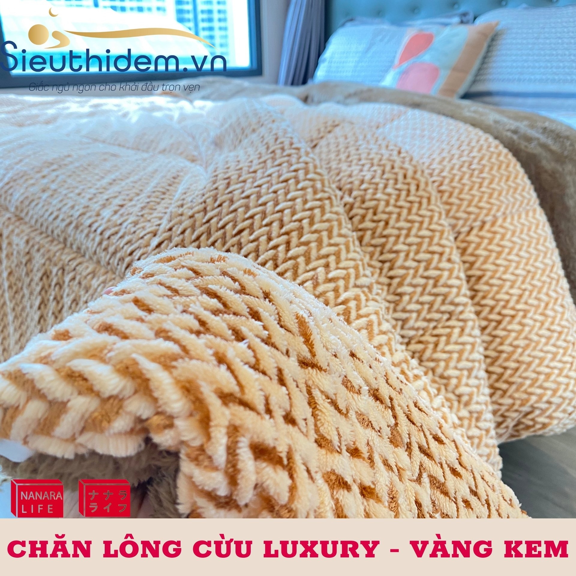 Chăn lông cừu Nanara Nhật Bản Luxury Vàng Kem-1