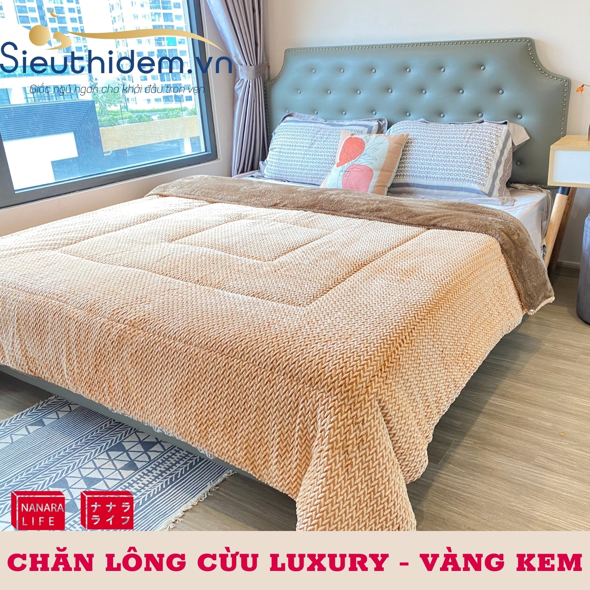 Chăn lông cừu Nanara Nhật Bản Luxury Vàng Kem-2